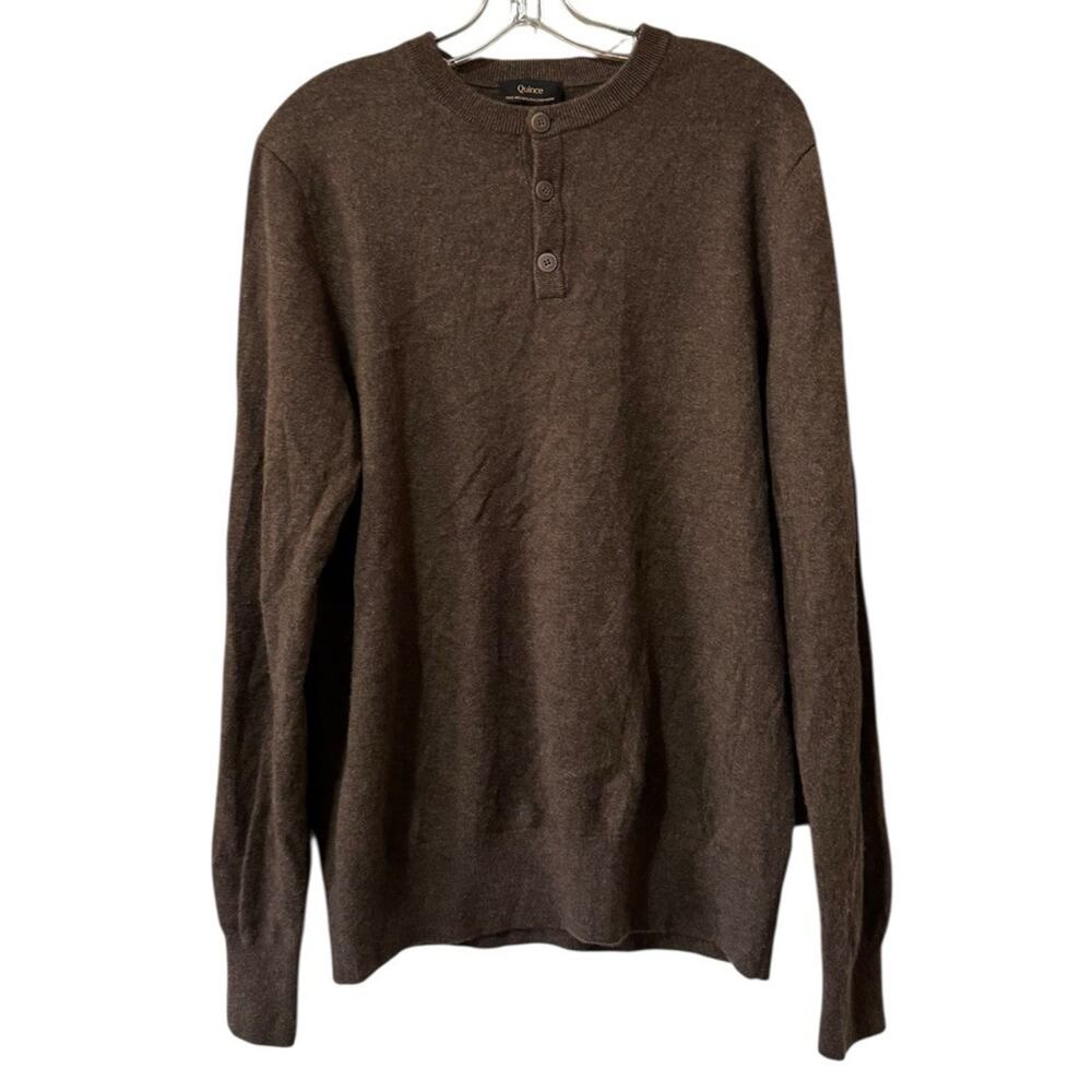 Quince Women Size Large Mongolian Cashmere Crewneck Sweater Henley Brown‎ Luxury